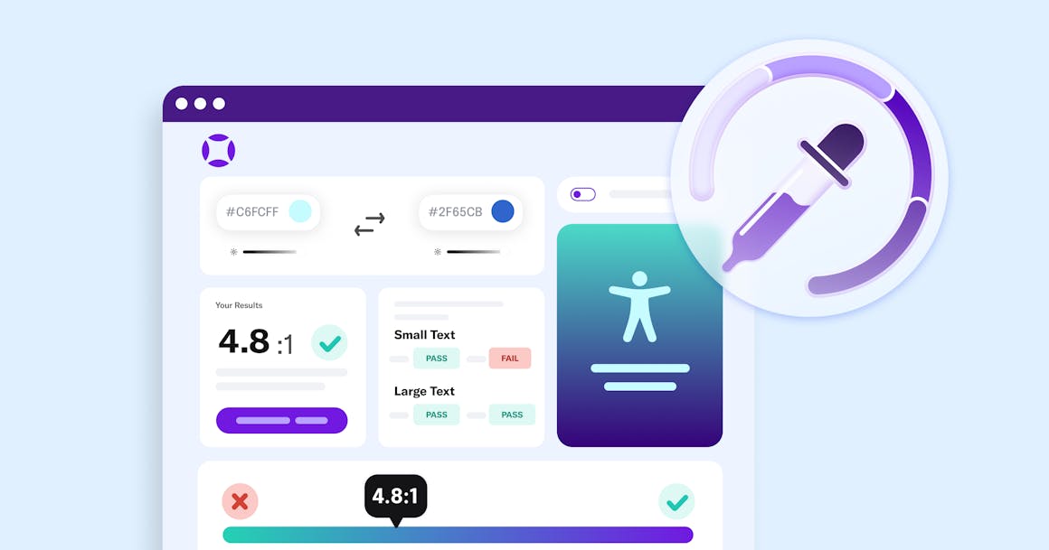 A dashboard showing the color contrast ratio of two colors, next to an icon of an eyedropper.