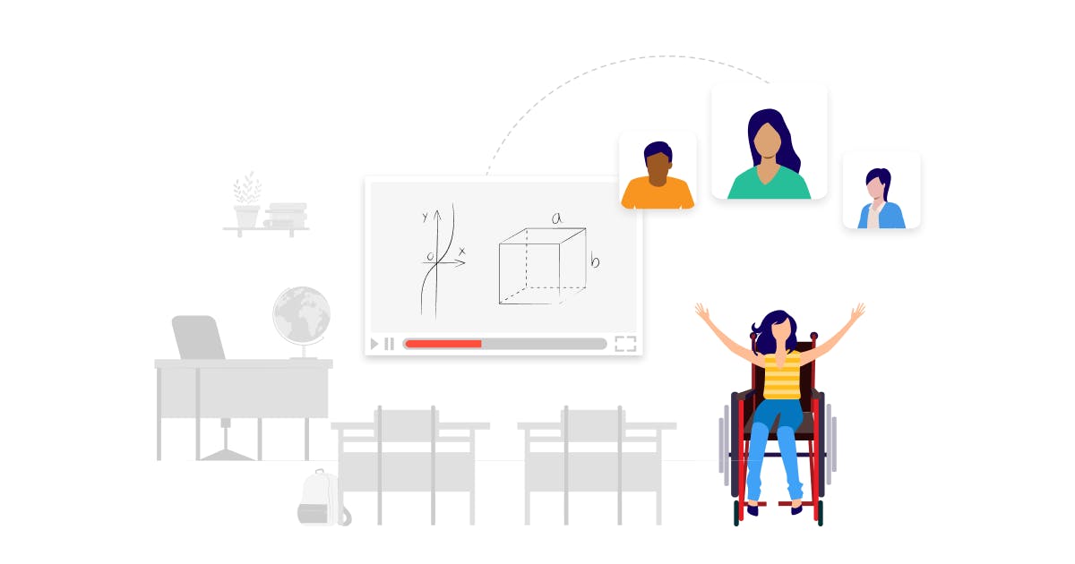 Illustration of student with desks and whiteboard