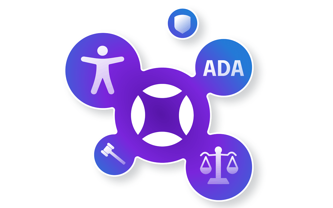 Illustration of a connected blob containing the AudioWye logo, the accessibility symbol, the scales of justice, and a gavel.