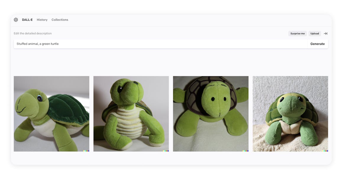 A series of stuffed animal turtles under a search field with the phrase "Stuffed animal, a green turtle."
