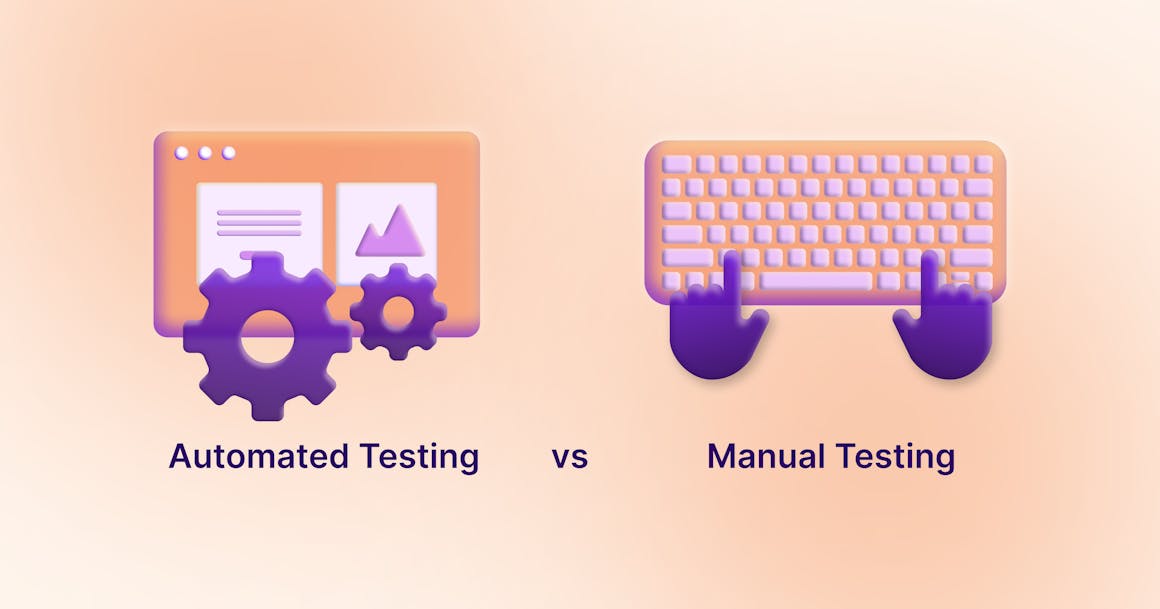 A stylized web browser with the label Automated Testing next to a keyboard with the label Manual Testing