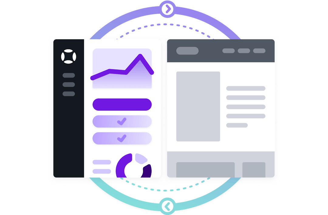 Illustrative representation of the AudioEye dashboard connected to a website wireframe with data flowing in a cycle between the two
