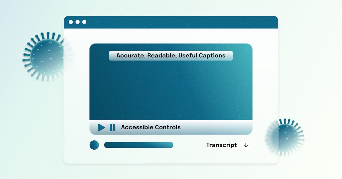 A stylized desktop browser that shows a media player with the text "Accurate, Readable, Useful Captions" on the screen.