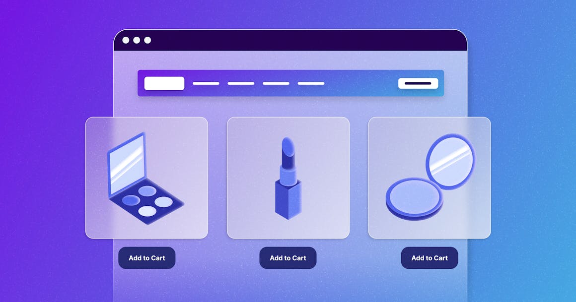 A stylized website that shows three different makeup products, with an "Add to Cart" button beneath each one.