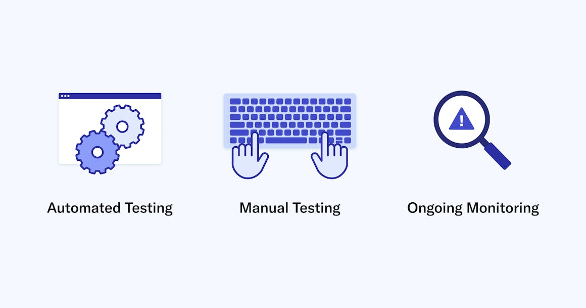 An internet browser with blue gears, a keyboard, and a magnifying glass