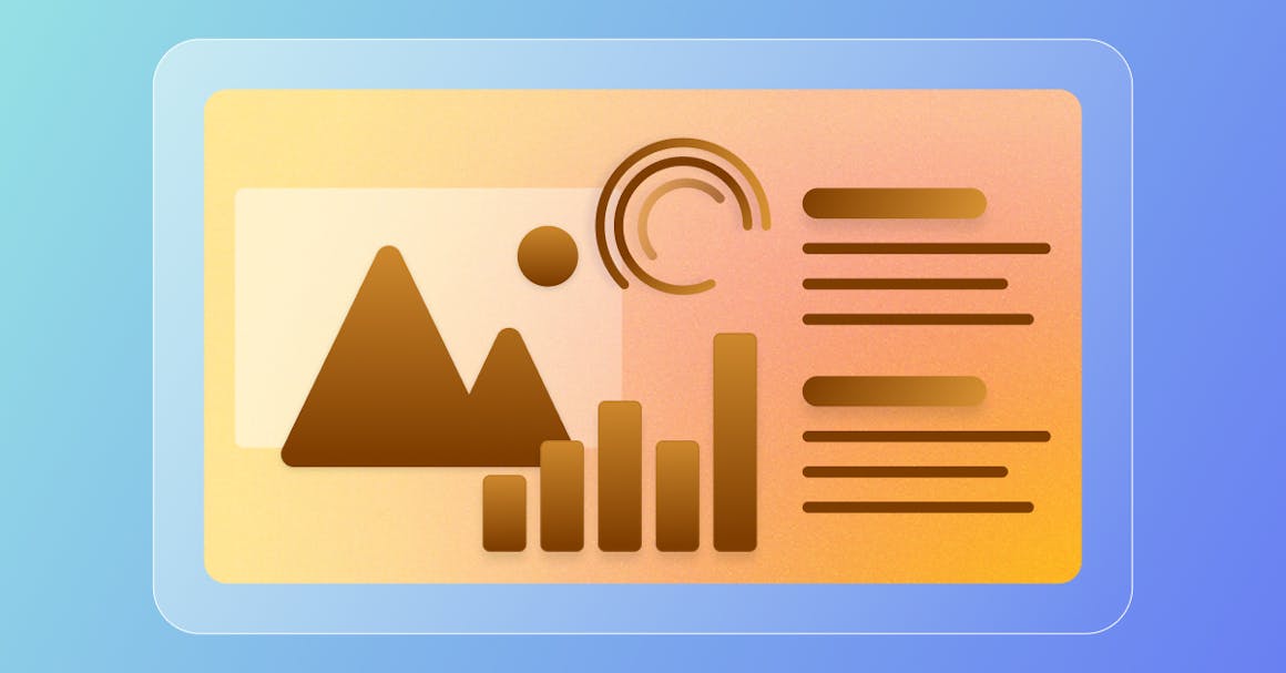 A stylized slide deck that shows a bunch of different elements — like graphs, images, and headlines — overlapping each other.