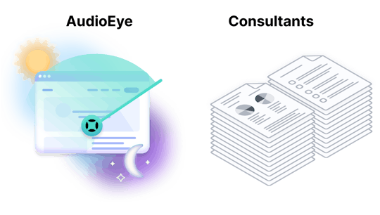 Two icons, one website with a moving scanner day and night by AudioEye and another stack of reports and checklists by consultants