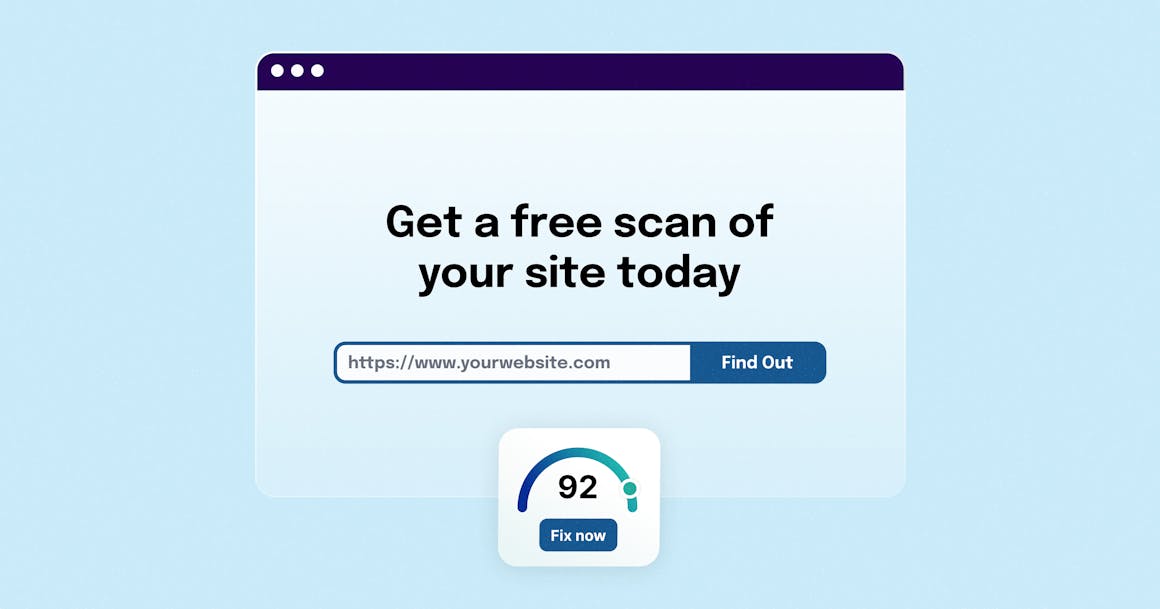 A stylized web page with a form that's labeled "Get a free scan of your site today" next to a chart that says "92" with a "Fix Now" button beneath it.