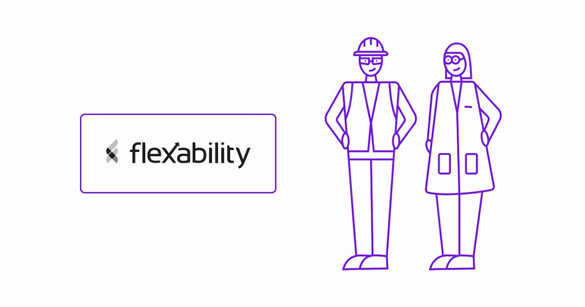 Flexability logo with illustration of a man in a hard hat and vest and a woman in a dress and glasses