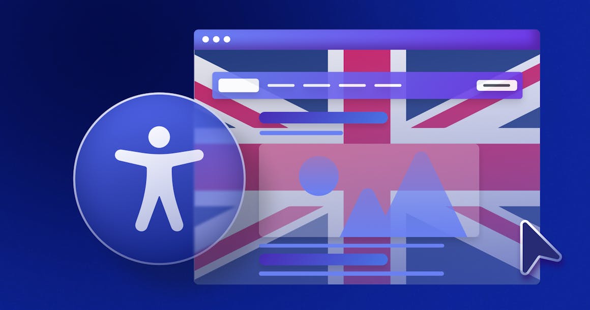 An accessibility icon next to a stylized web page that has the Union Jack — the de facto flag of the United Kingdom — as its background.