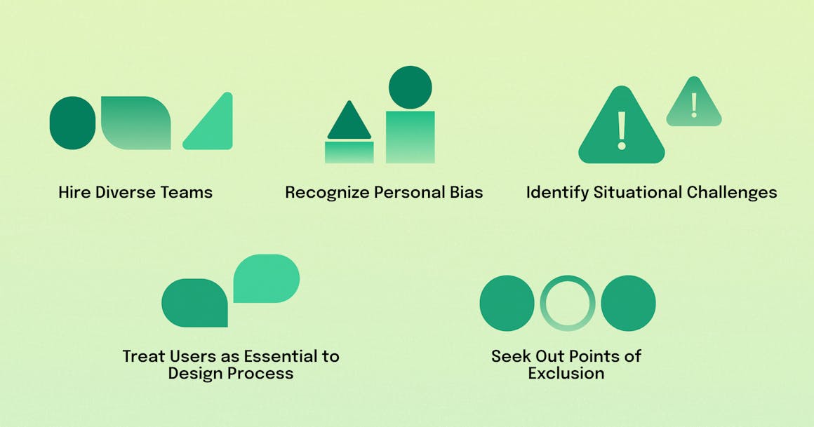 list of key principles of inclusive design with geometric icons representing each principle. 