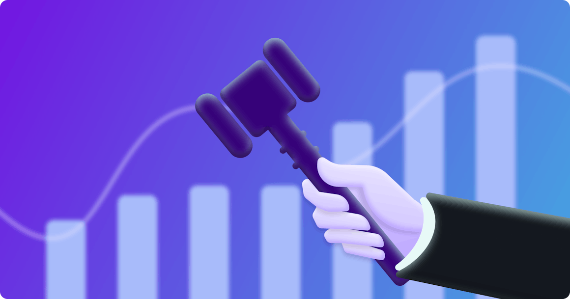 A judges hand holding a gavel with a bar chart trending upward to represent increase in lawsuits.