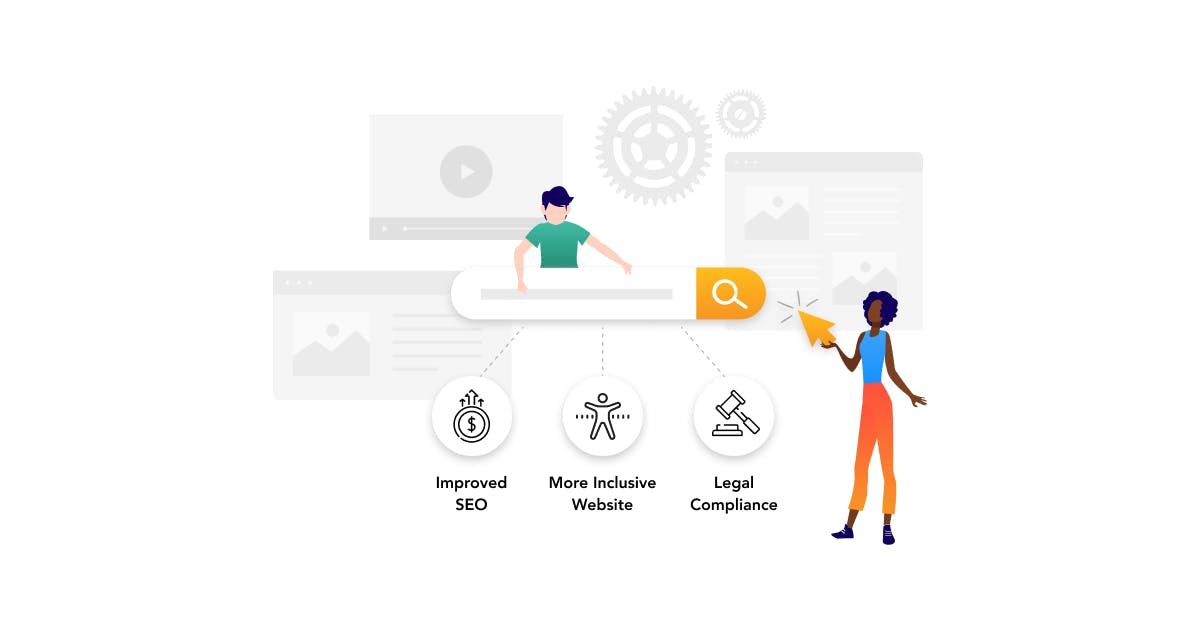 Illustration of man and woman with life-sized computer search bar.