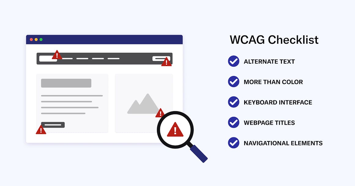 A computer browser and a checklist titled WCAG Checklist with list items that read alternate text, more than color, keyboard interface, webpage titles, and navigational elements