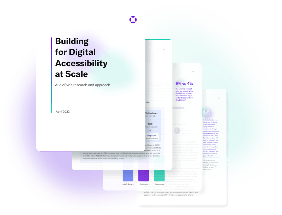 The first four pages of AudioEye's White Paper entitled "Building for Digital Accessibility at Scale" spread out