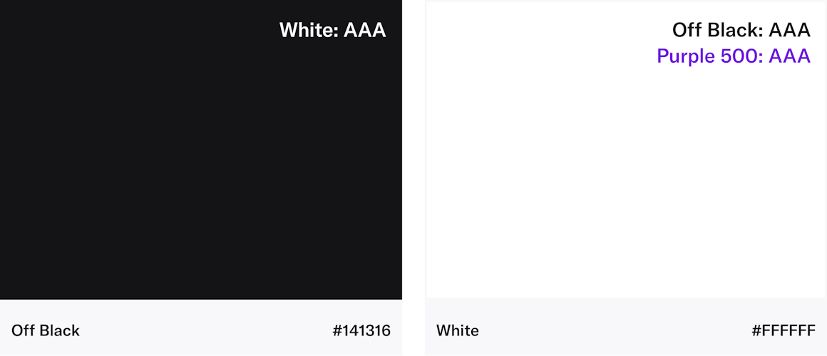 AudioEye's Primary Color Palette including Off Black (#141316) and White (#FFFFFF)