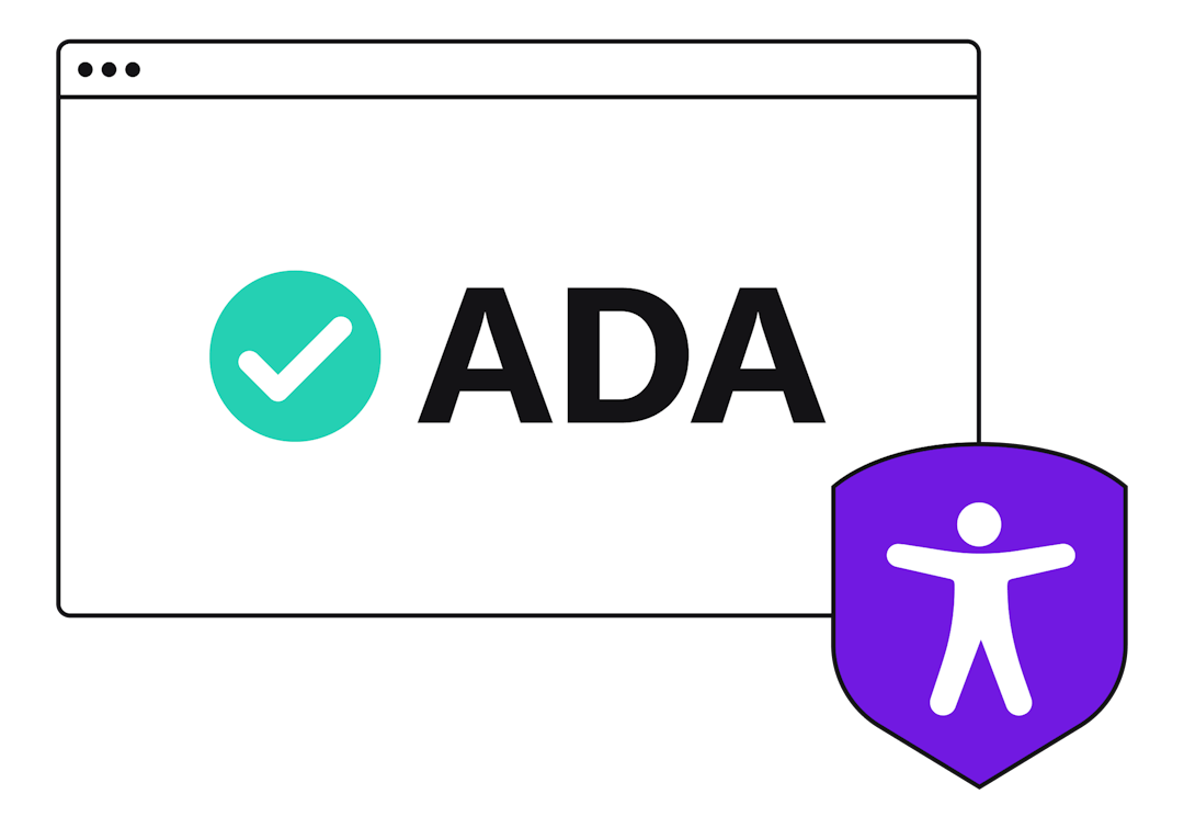 Illustration of a web browser with a checkmark and the acronym ADA with an accessibility icon on top