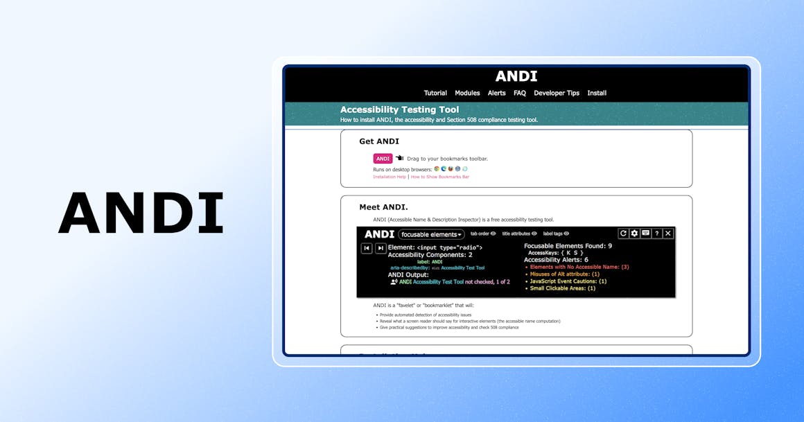 Screenshot of ANDI homepage with ANDI logo next to it.