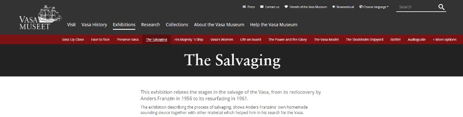 Vasa Museet - The Salvaging webpage screenshot