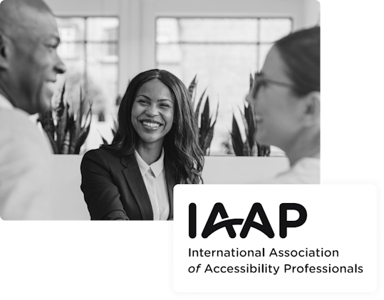 Three people smiling at each other with the International Association of Accessibility Professionals logo