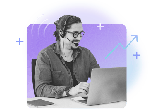 Man smiling in headset at laptop taking support call, surrounded by plus sign icons and arrows.