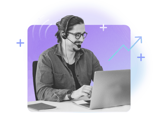 Man smiling in headset at laptop taking support call, surrounded by plus sign icons and arrows. 