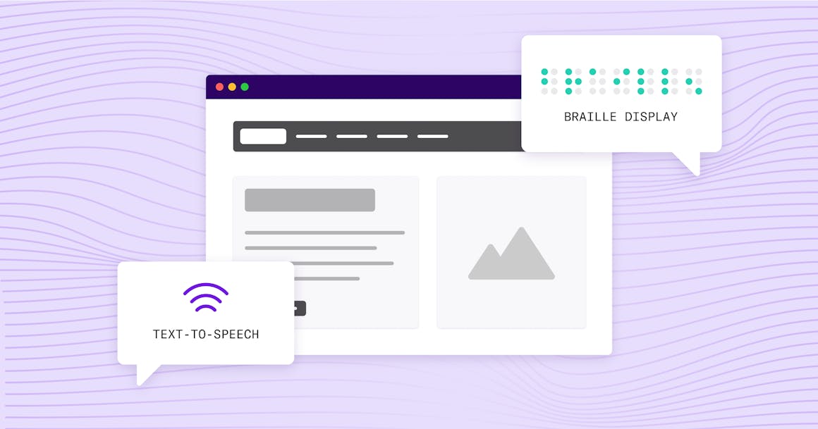 A stylized web page with icons for text-to-speech and Braille