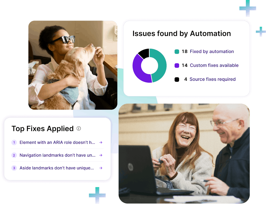 Issues found by automation graph, top fixes applied list. picture of a couple smiling looking at computer, person with glasses feeding guide dog