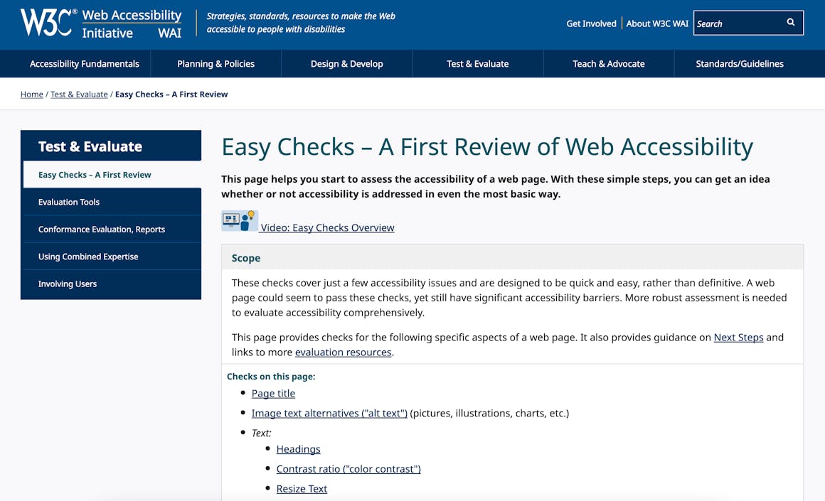 A webpage on the W3C's Web Accessibility Initiative. The page title reads "Easy Checks — A First Review of Web Accessibility."