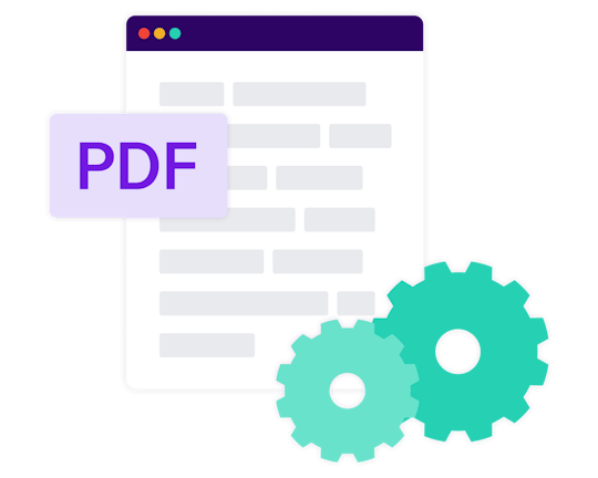 Tablet sized window with a PDF label and two gears.