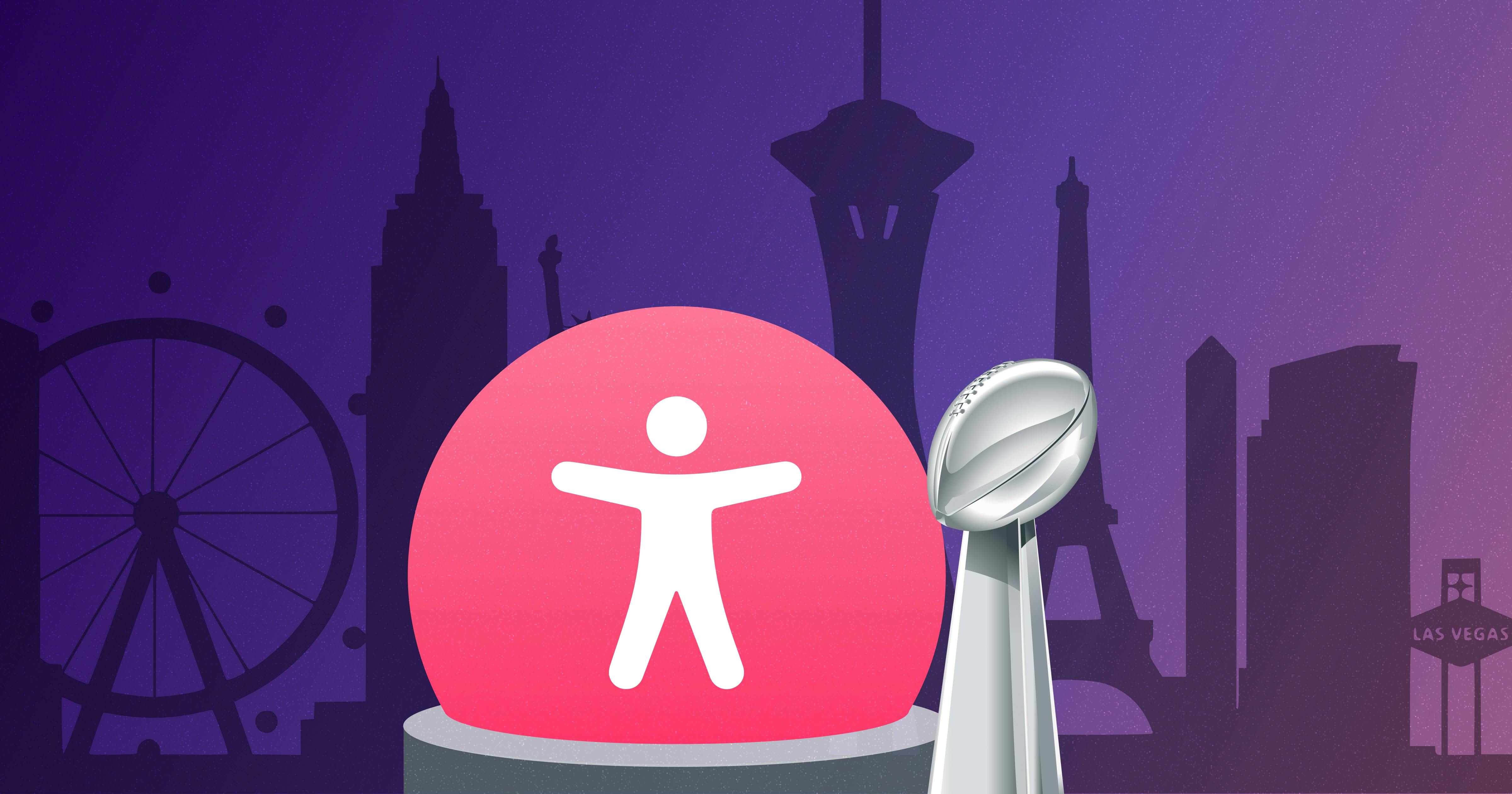 Las Vegas cityscape with accessibility icon in the middle next to football trophy.