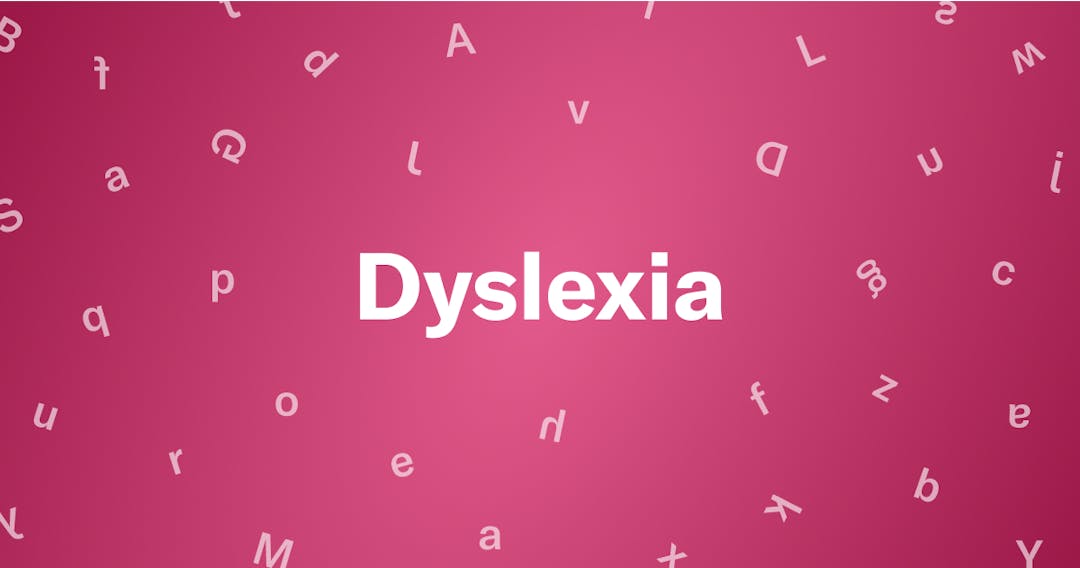 The word Dyslexia on a pink background surrounded by white letters