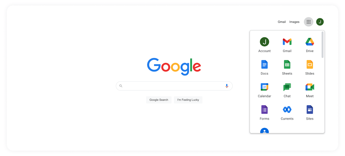 Google's homepage, with the Apps menu open.