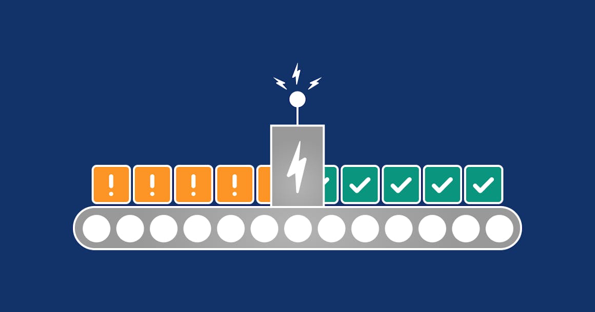 A conveyor belt with indicators on the belt showing accessibility issues being fix automatically