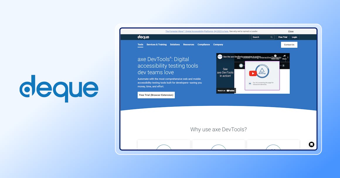 Screenshot of Deque's homepage with Deque logo next to it.