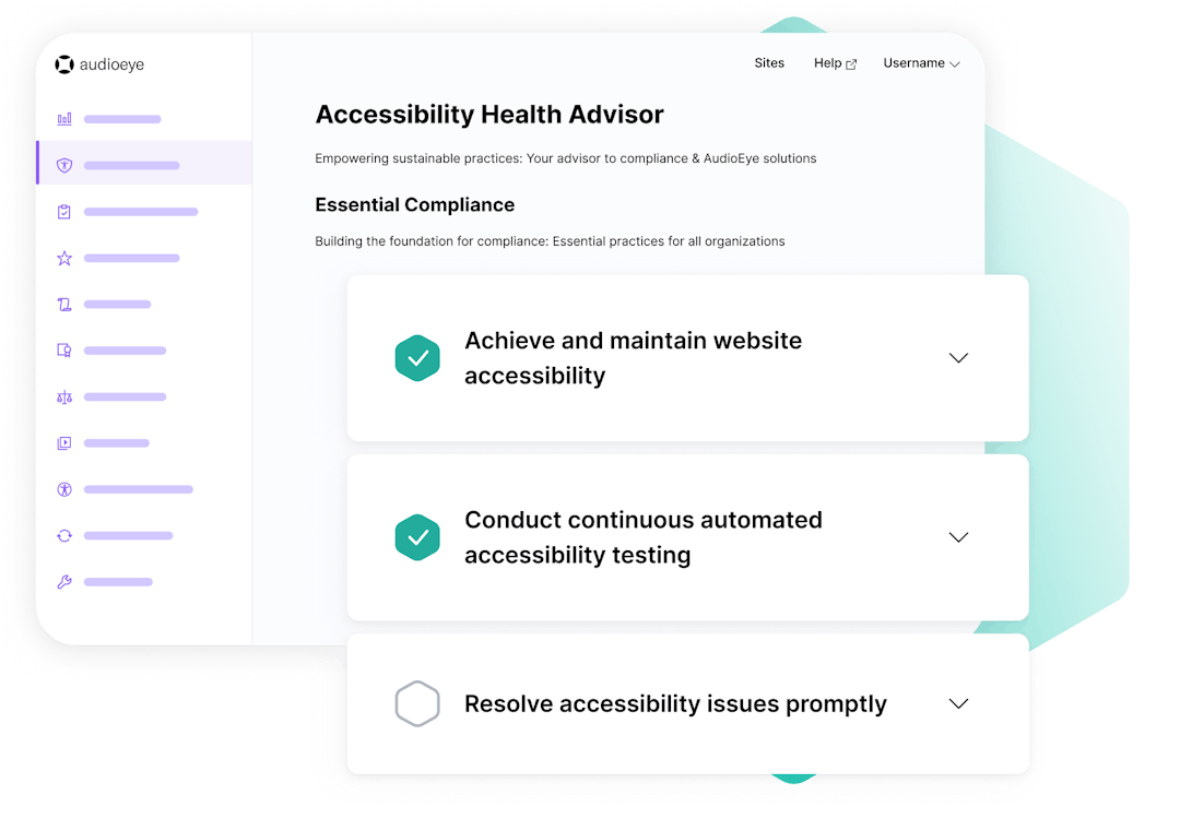 User interface of AudioEye's Accessibility Health Advisor tool floating on top of a faint green hexagon