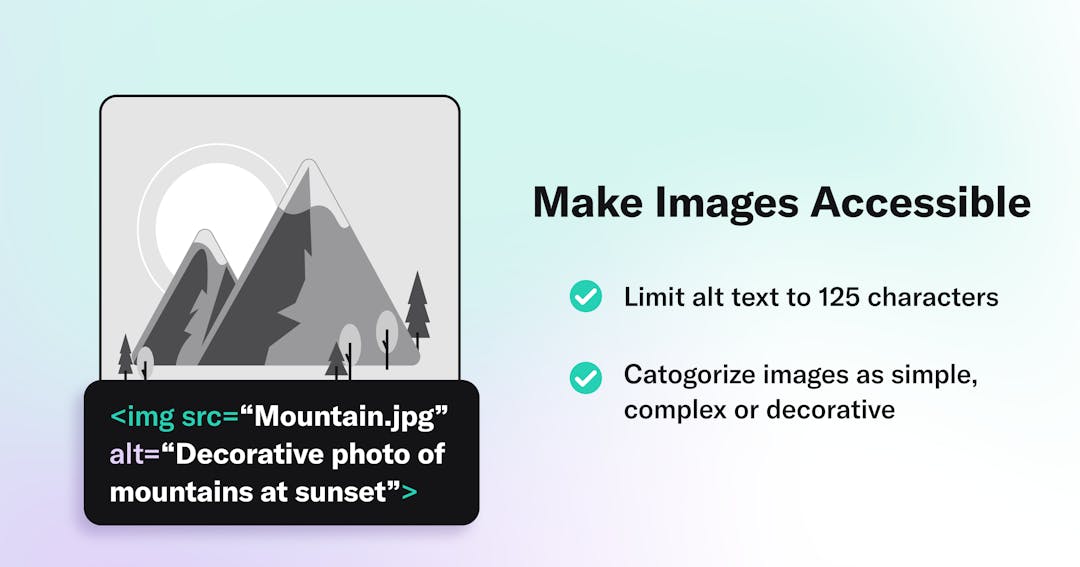Make Images Accessible: Limit alt text to 125 characters, Categorize images as simple, complex or decorative