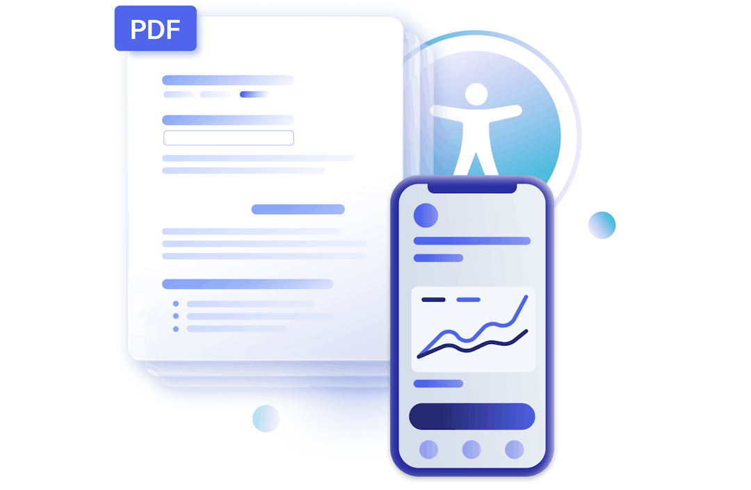 Illustration collage of PDFs, a mobile app, and an accessibility symbol.