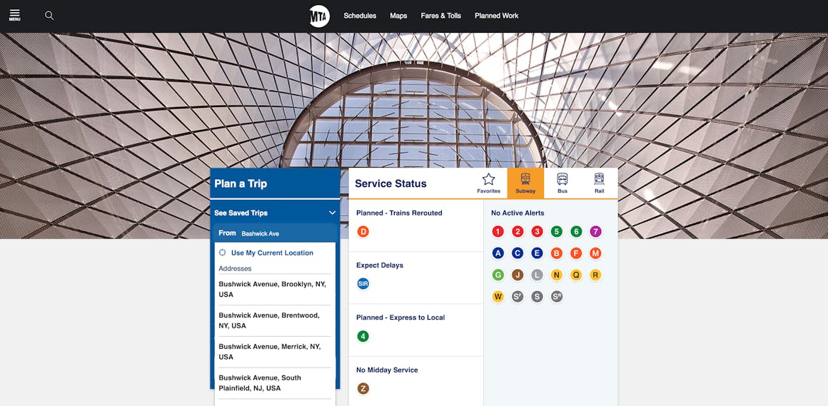 The trip planner for the Metropolitan Transportation Authority (MTA). The user-entered address "Bashwick Ave" is misspelled, with suggested addresses below.