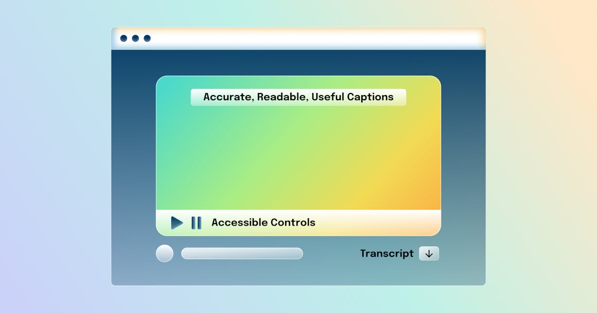 A stylized web browser that shows a video playing with the label "Accurate, Readable, Useful Captions" and a button labeled Transcript