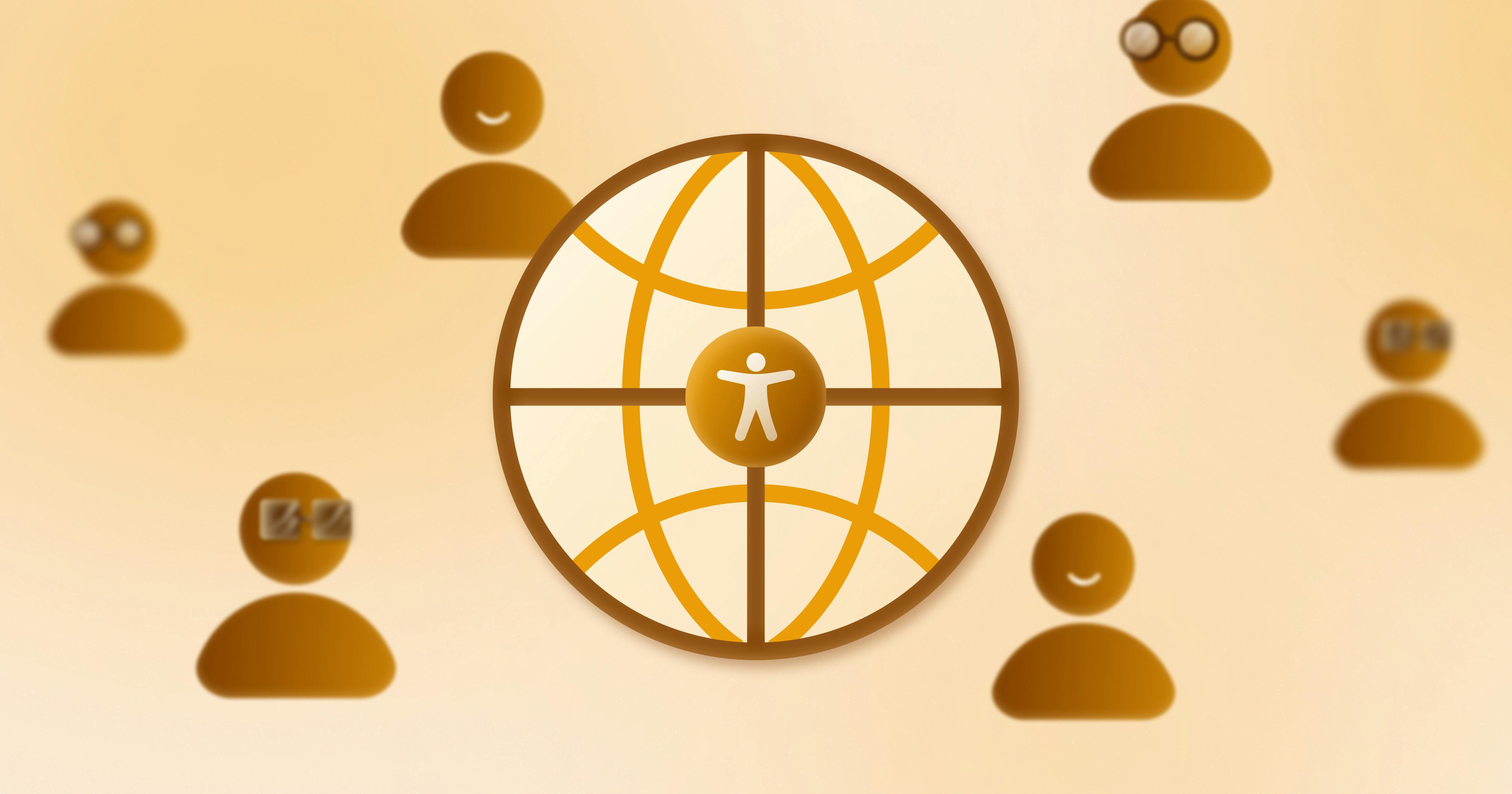 Six icons of people surrounding a globe with an accessibility symbol in the center.