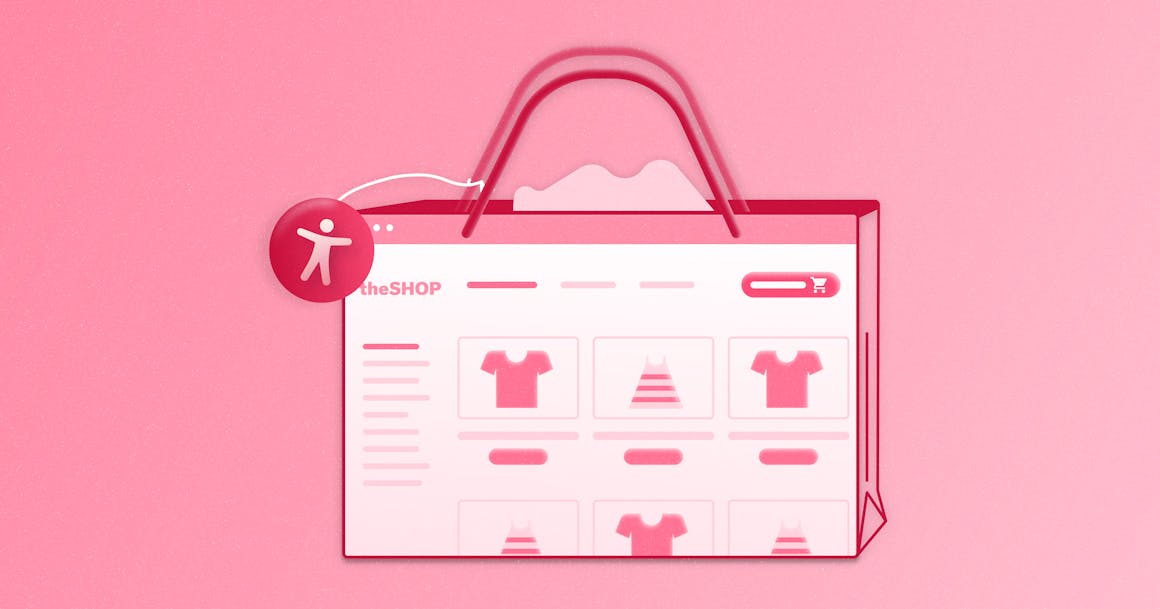 A stylized version of an e-commerce site printed on the side of a shopping bag, with an accessibility icon in the corner.