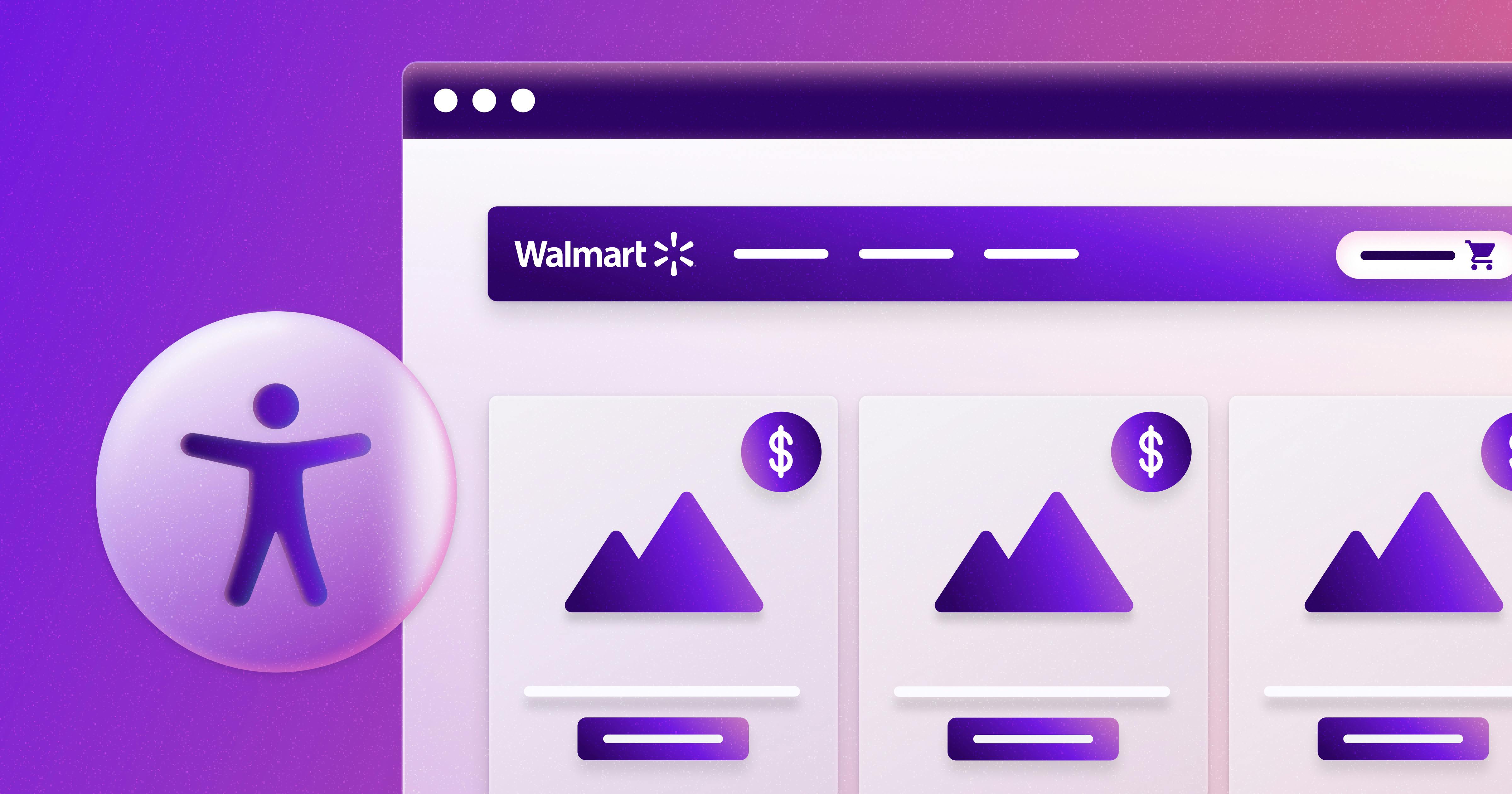 A stylized version of Walmart's website that shows different product cards, next to an accessibility symbol.