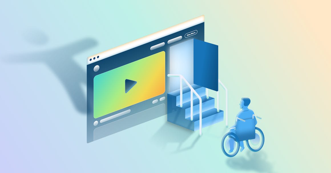 A person in a wheelchair sitting outside a storefront that looks like a video player. The storefront has a set of stairs that the person cannot get up, and there's a faded accessibility icon behind the store