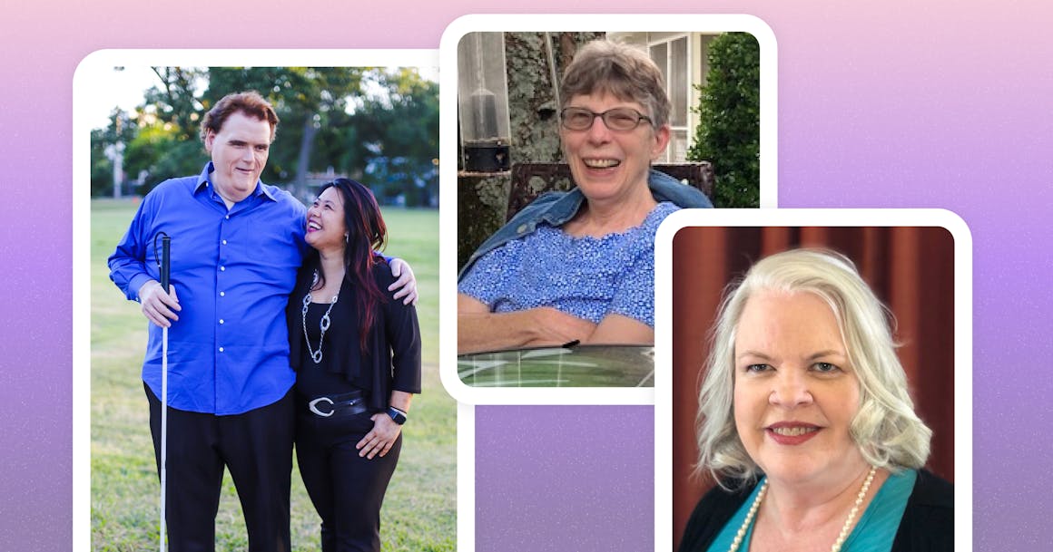 A series of three photos on a pink background. The first photo shows Maxwell Ivey and Chelsea Nguyen smiling at each other. The second and third photos are headshots of Pris Rogers and Neva Fairchild.