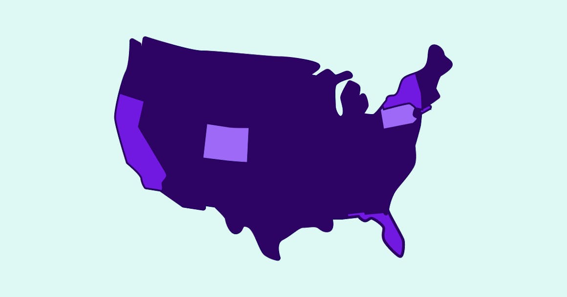 A map of the U.S. with California, Colorado, New York, Florida, and Pennsylvania highlighted.