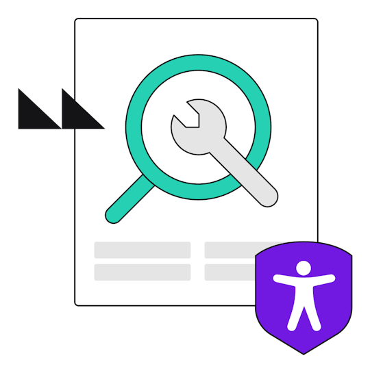 Illustration of a magnifying glass and a wrench with an accessibility shield