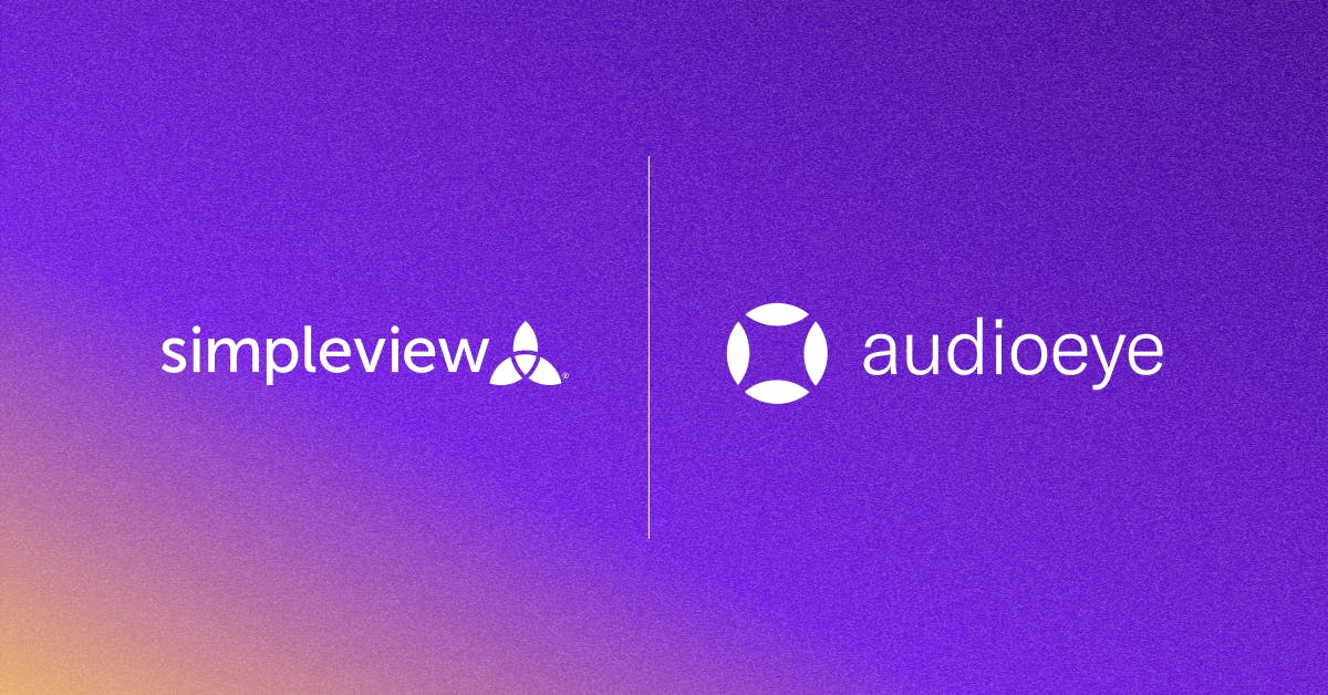 A purple and orange gradient background with logos for Simpleview and AudioEye, separated by a thin white line.