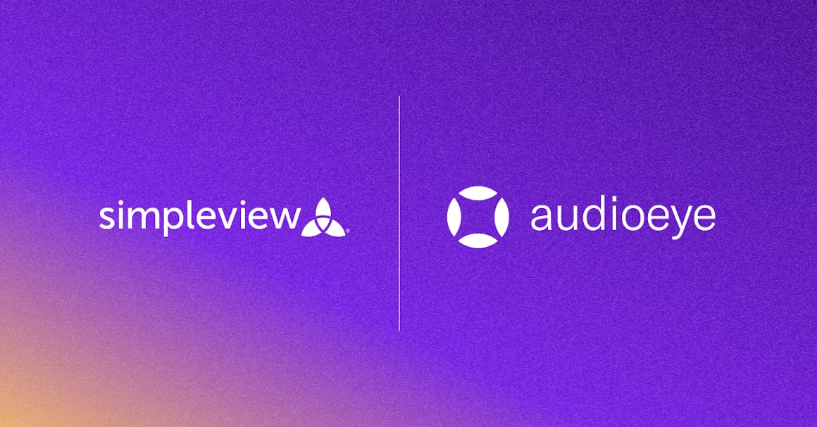 A purple and orange gradient background with logos for Simpleview and AudioEye, separated by a thin white line.