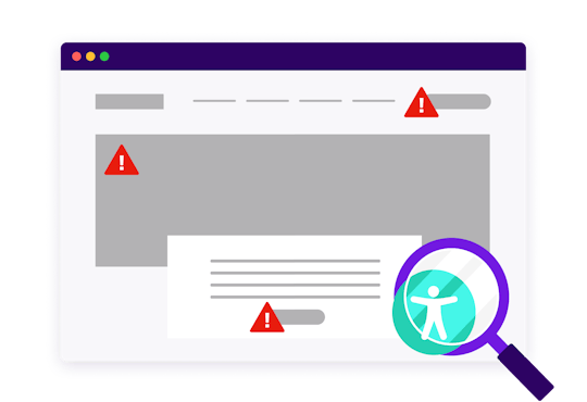 Illustration of a website with accessibility error indicators on different elements and a magnifying glass on top